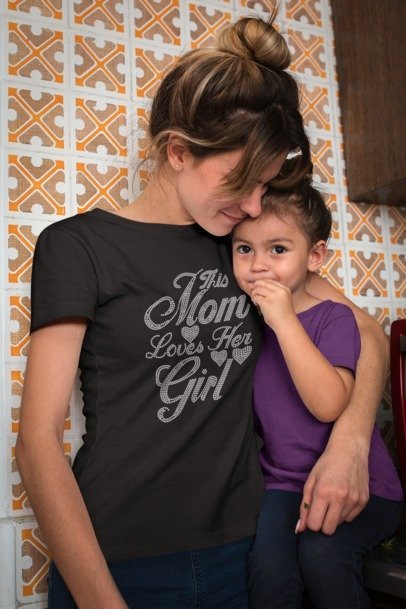 Black rhinestone graphic T-shirt with 'This Mom Loves Her Girl' text