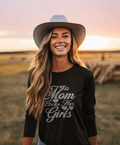 Black long-sleeve T-shirt with rhinestone-style "This Mom Loves Her Girls" front
