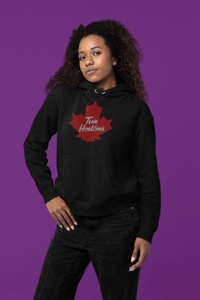 Black hoodie with red rhinestone maple leaf and Tim Hortons logo