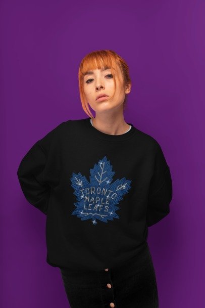 Rhinestone Toronto Maple Leaf Fan Shirt – Sparkle Hockey Bling Apparel | Bling Dazzel Crew Neck Sweater Black