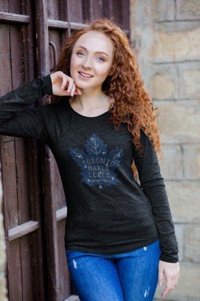 Rhinestone Toronto Maple Leaf Fan Shirt – Sparkle Hockey Bling Apparel | Bling Dazzel Long Sleeve T-shirt Black