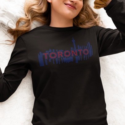 Toronto Skyline (The Jay's) Rhinestone Apparel – Baseball Inspired Sparkle Hoodie, T-Shirt & Crewneck | City Pride Bling by Blingdazzel Long Sleeve T-shirt Black
