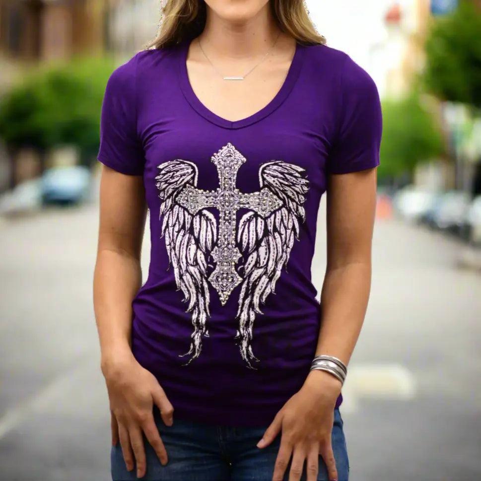 Purple V-neck tee with rhinestone cross and wings graphic