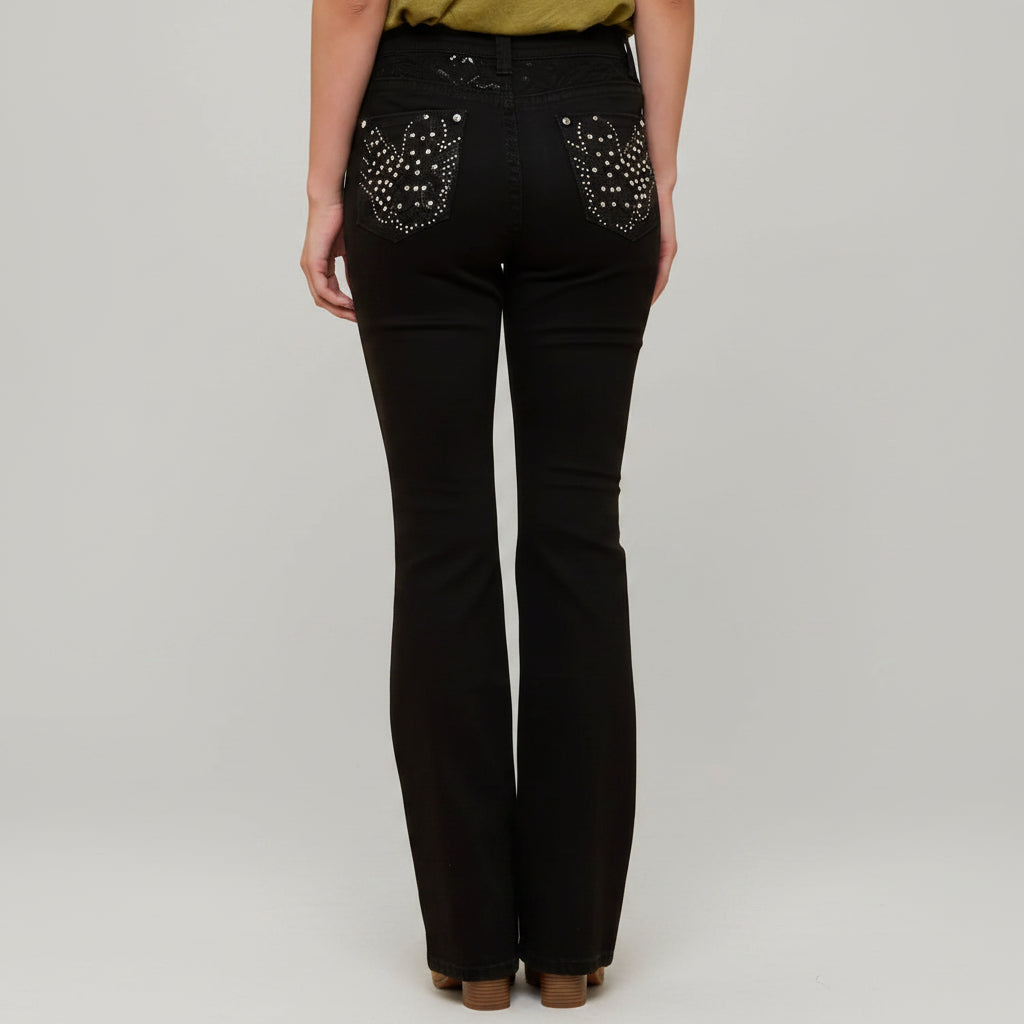 Women’s black bootcut jeans, high waist, rhinestone eagle pocket embroidery