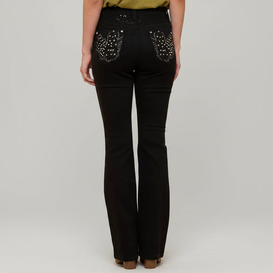 Women’s black bootcut jeans, high waist, rhinestone eagle pocket embroidery