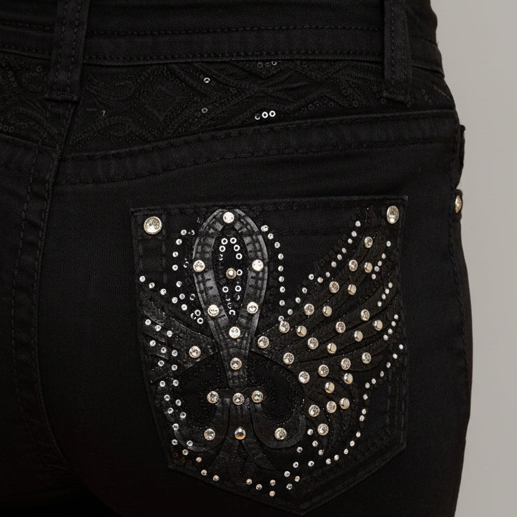 Black women’s bootcut jeans, back pocket bling with rhinestone eagle design
