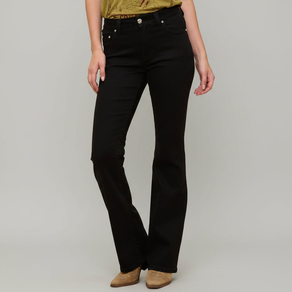 Women’s black bootcut jeans with dark denim wash and classic five-pocket design