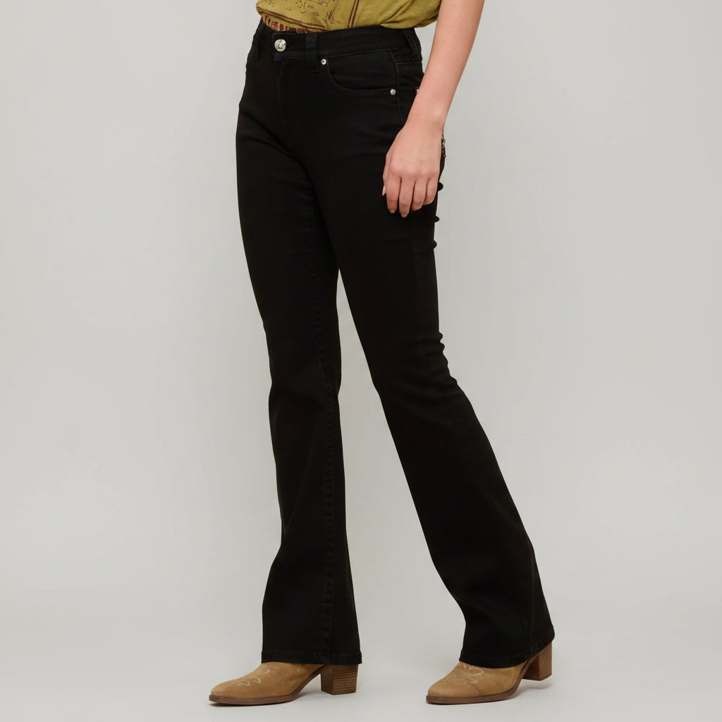 Black high-waisted bootcut jeans, front and side seams, subtle five-pocket styling