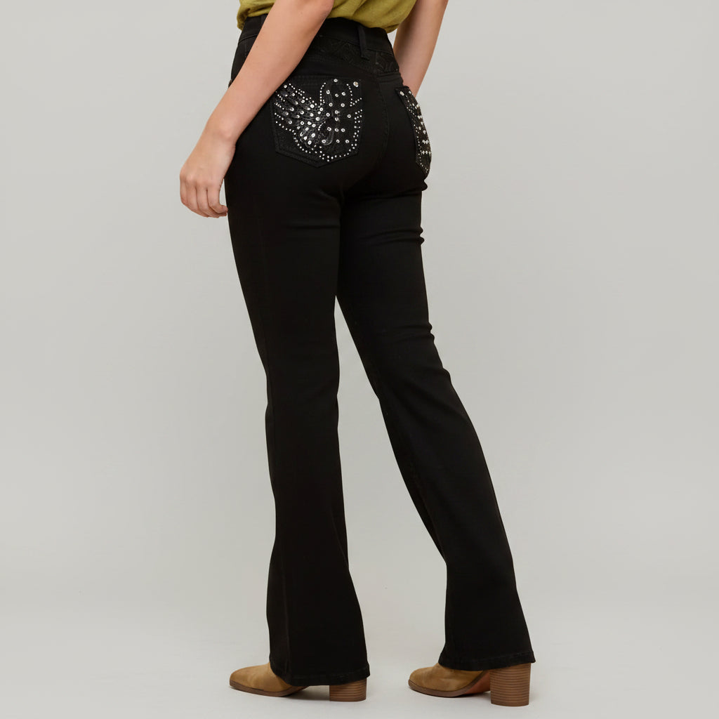 Black bootcut jeans, high waist, rhinestone eagle motif on front pockets