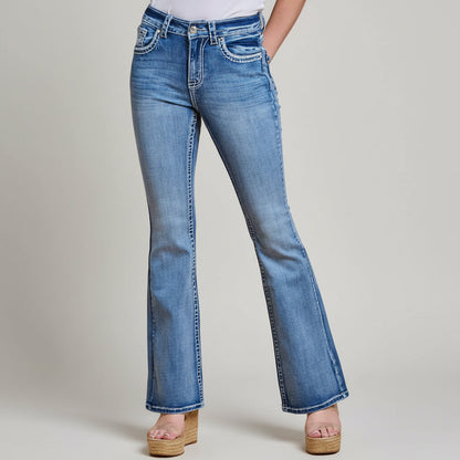 Women’s blue denim bootcut jeans with high-rise waist and curved seam stitching