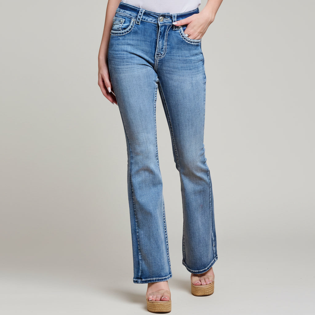 Women’s blue denim high-waisted bootcut jeans with belt loops and front pocket stitching