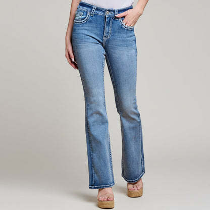 Women’s blue denim high-waisted bootcut jeans with belt loops and front pocket stitching