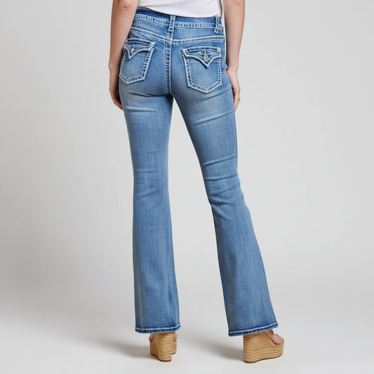 Women’s blue denim bootcut jeans with high waist and embroidered back pockets