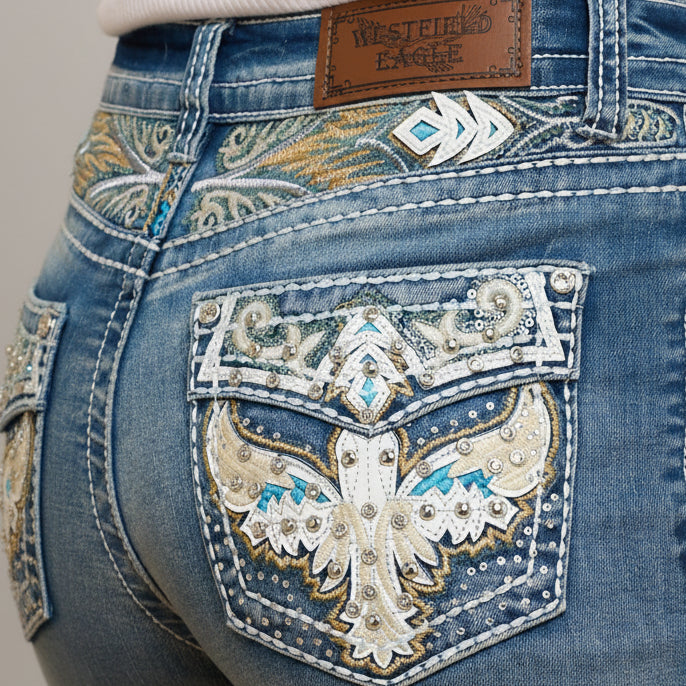 Blue denim jeans close-up of front pocket with ornate eagle embroidery and studs