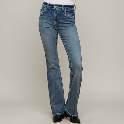Blue denim bootcut jeans, side view with five-pocket styling and contrast stitching