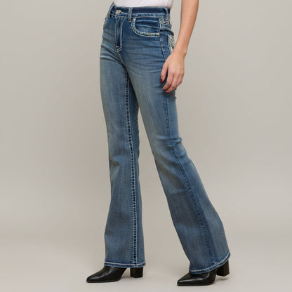 Blue denim bootcut jeans with mid rise waistband and straight-to-flare leg openings