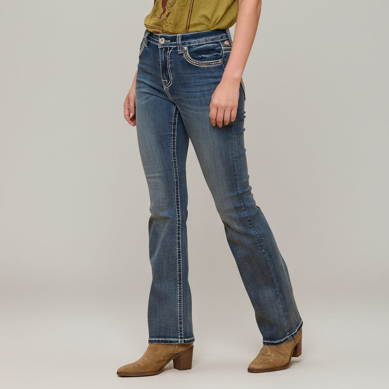 Blue bootcut jeans with embroidered back yoke pocket and stitched five-pocket design.
