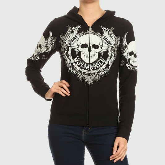 Women's motorcycle rhinestone skull & wings zip-up hoodie in Black – Rhinestone Hoodie by Boutique of Leathers/Open Road