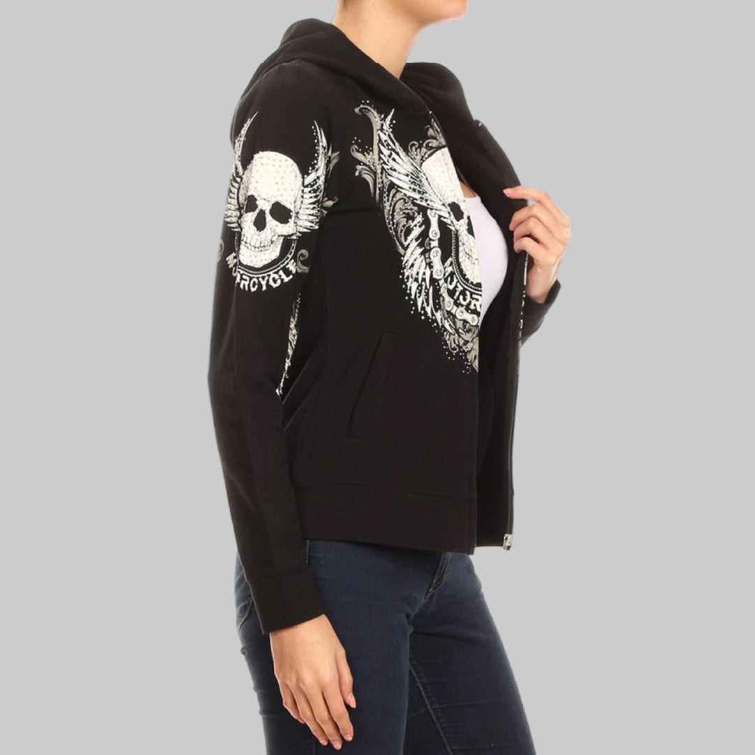 Women's motorcycle rhinestone skull & wings zip-up hoodie in Black – Rhinestone Hoodie by Boutique of Leathers/Open Road