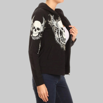 Women's motorcycle rhinestone skull & wings zip-up hoodie in Black – Rhinestone Hoodie by Boutique of Leathers/Open Road