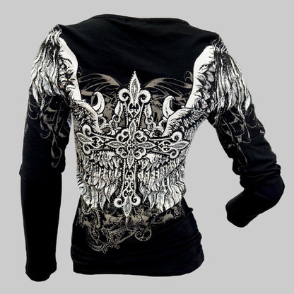 Black long-sleeve shirt with intricate white designs on a gray background