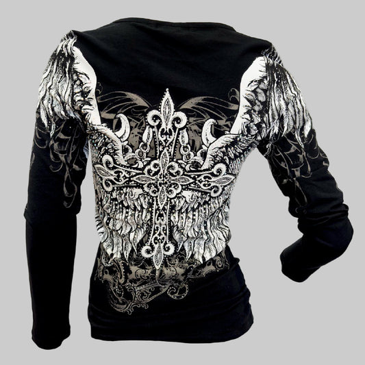 Black long-sleeve shirt with intricate white designs on a gray background
