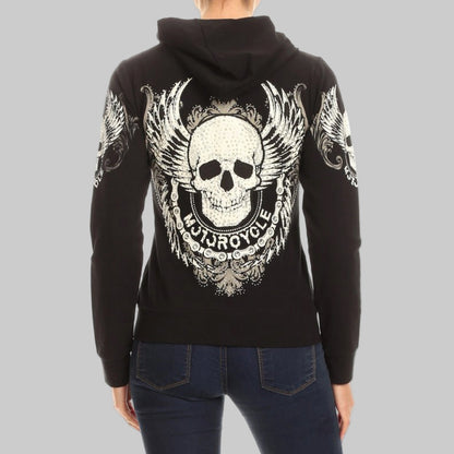 Women's motorcycle rhinestone skull & wings zip-up hoodie in Black – Rhinestone Hoodie by Boutique of Leathers/Open Road