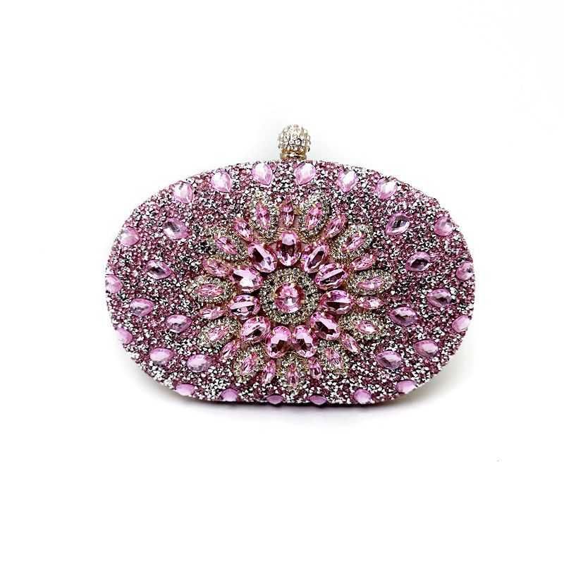 Pink rhinestone oval evening clutch with gemstone flower top clasp