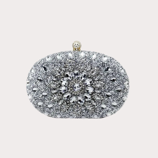Rhinestone Oval Evening Clutch – Metallic Chain Shoulder Bag Silver