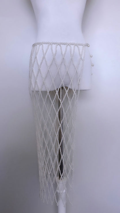 Midi pearl mesh skirt with adjustable waist ties and diamond lattice drape