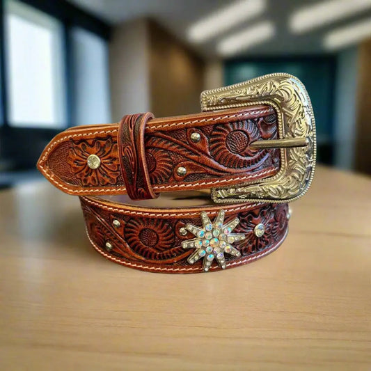 Women's Embossed Western Leather Belt with Bling Stars Brown
