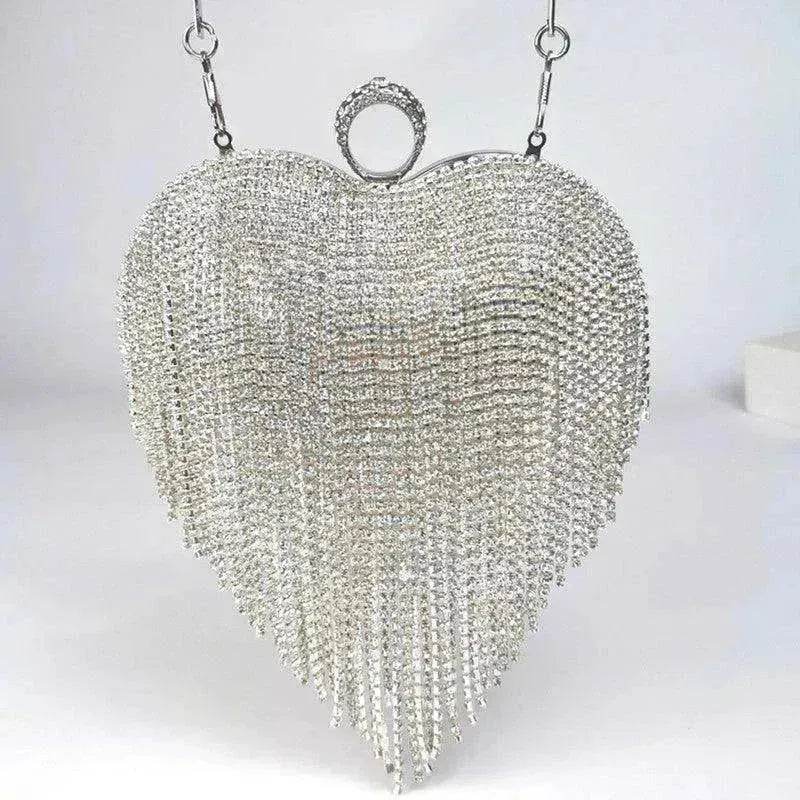 Silver heart-shaped rhinestone chain tassel handbag with top handles and ring clasp
