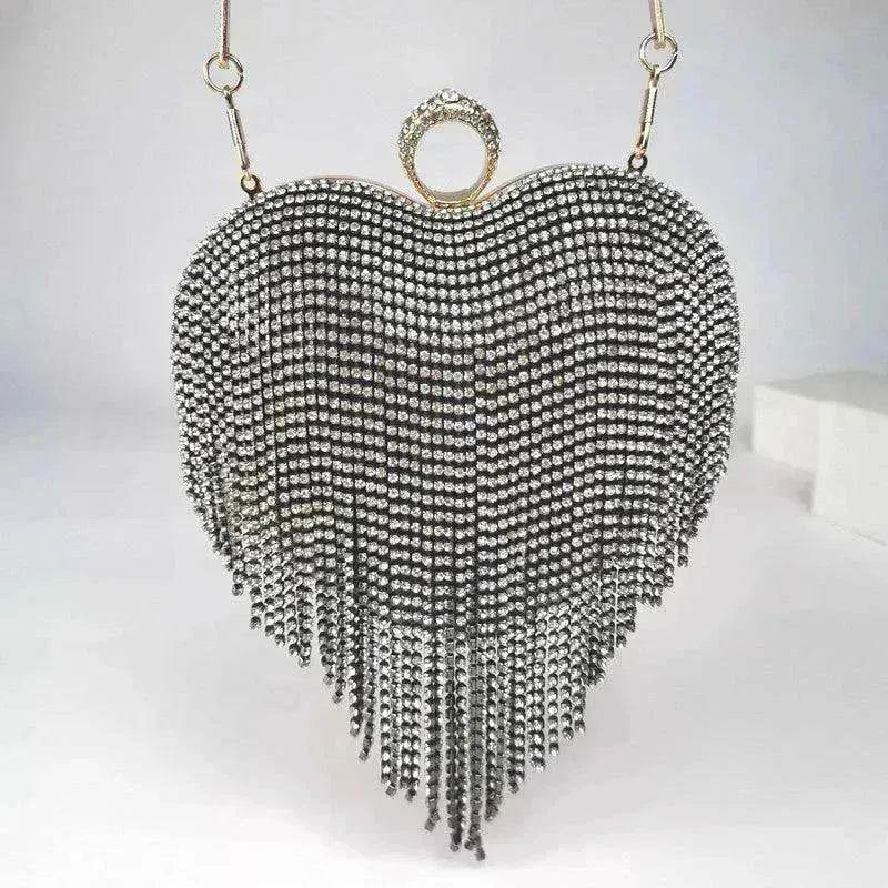 Dark silver heart-shaped rhinestone chain tassel handbag with fringe and ring clasp