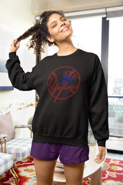 Vintage New York Yankees Inspired Rhinestone Apparel – Bling Baseball Tee, Hoodie, Long Sleeve & Crewneck for Women | Blingdazzel Crew Neck Sweater Black