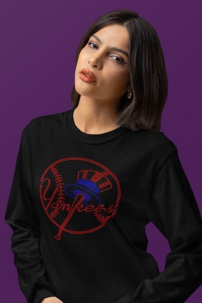 Vintage New York Yankees Inspired Rhinestone Apparel – Bling Baseball Tee, Hoodie, Long Sleeve & Crewneck for Women | Blingdazzel Long Sleeve T-shirt Black
