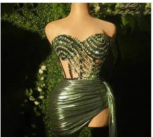 Green strapless rhinestone corset dress with textured beaded cups and metallic ruched skirt