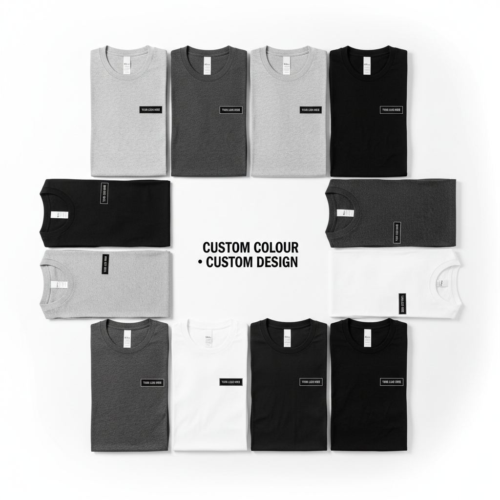 Assorted crewneck T-shirts with small front logo prints, light and dark colors.