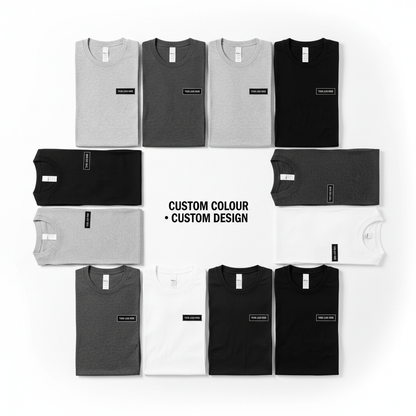 Assorted crewneck T-shirts with small front logo prints, light and dark colors.