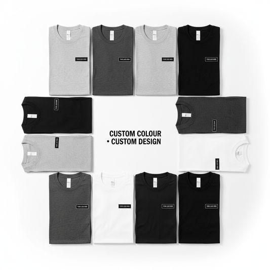 Assorted crewneck T-shirts with small front logo prints, light and dark colors.