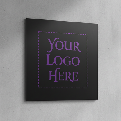 Black square custom sign with purple dashed border and placeholder text