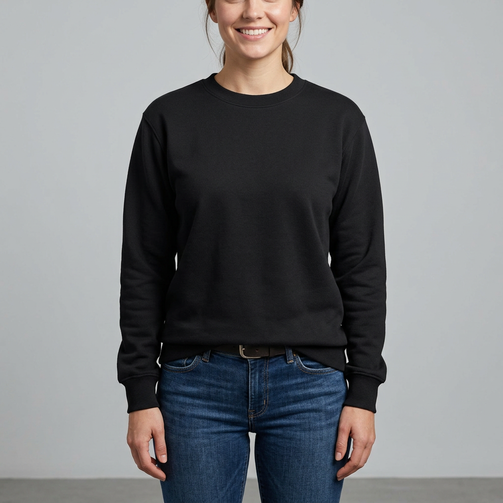 Black crew neck sweatshirt with long sleeves, ribbed cuffs and hem.