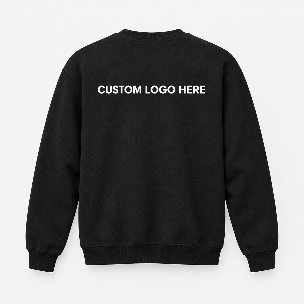 Black crew neck sweater, full back with custom logo print