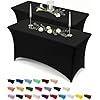 Custom logo printed black tablecloth with fitted top and draped table skirt