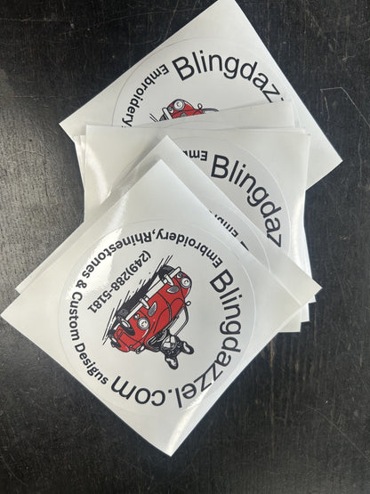 4.5-inch custom sticker set, white with colorful logo and red cartoon car