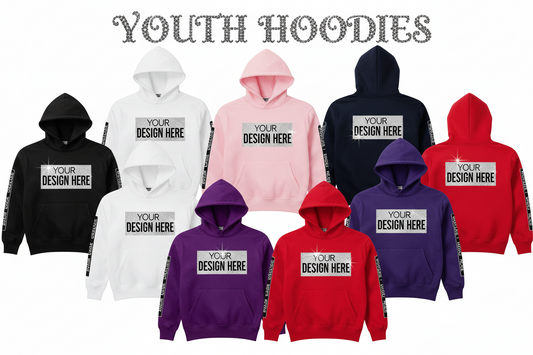 Assorted pullover hoodies with front logo print and hood, kangaroo pocket in mixed colors