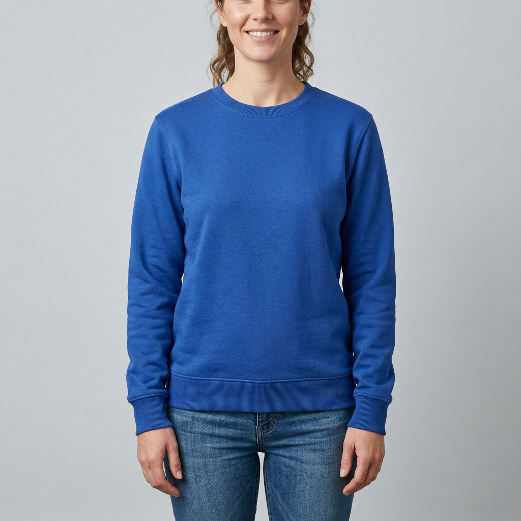 Blue crew neck sweatshirt with long sleeves, ribbed cuffs and hem.