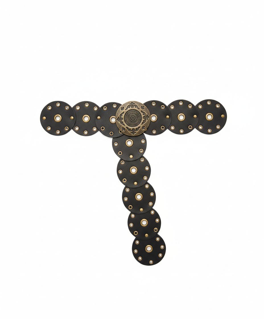 Boho adjustable waist belt with black rhinestone discs, round medallion buckle, T-shaped tail