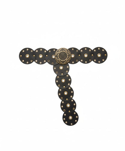 Boho adjustable waist belt with black rhinestone discs, round medallion buckle, T-shaped tail