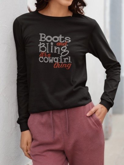 Boots and Bling Rhinestone Shirt – Western Cowgirl Sparkle Bling Tee | Bling Dazzel Long Sleeve T-shirt Black