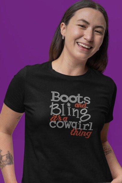 Boots and Bling Rhinestone Shirt – Western Cowgirl Sparkle Bling Tee | Bling Dazzel T-shirt Black